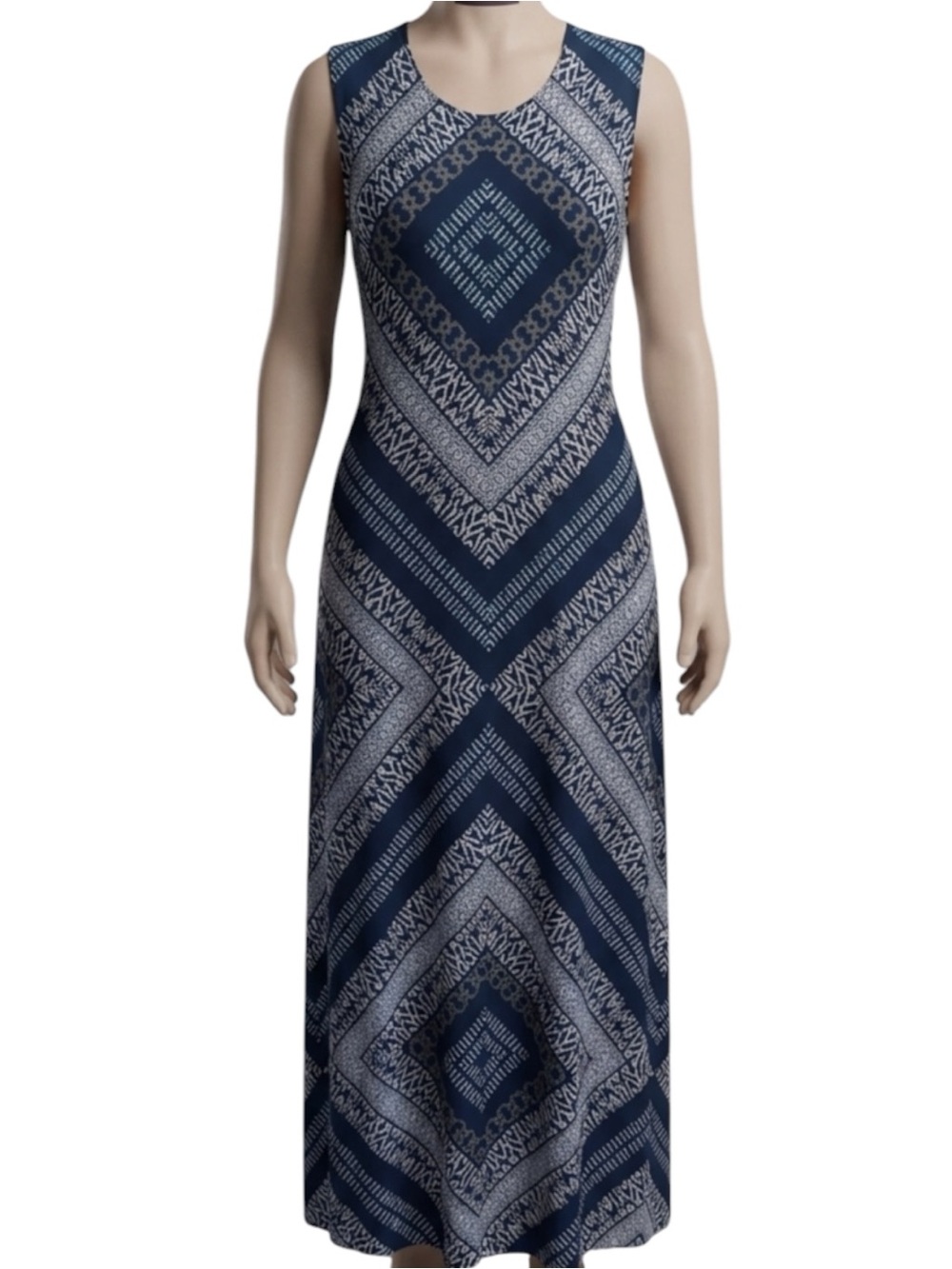 Roaman’s Sleeveless Maxi Dress Navy White Blue Geometric Tile Pattern Size 22/24